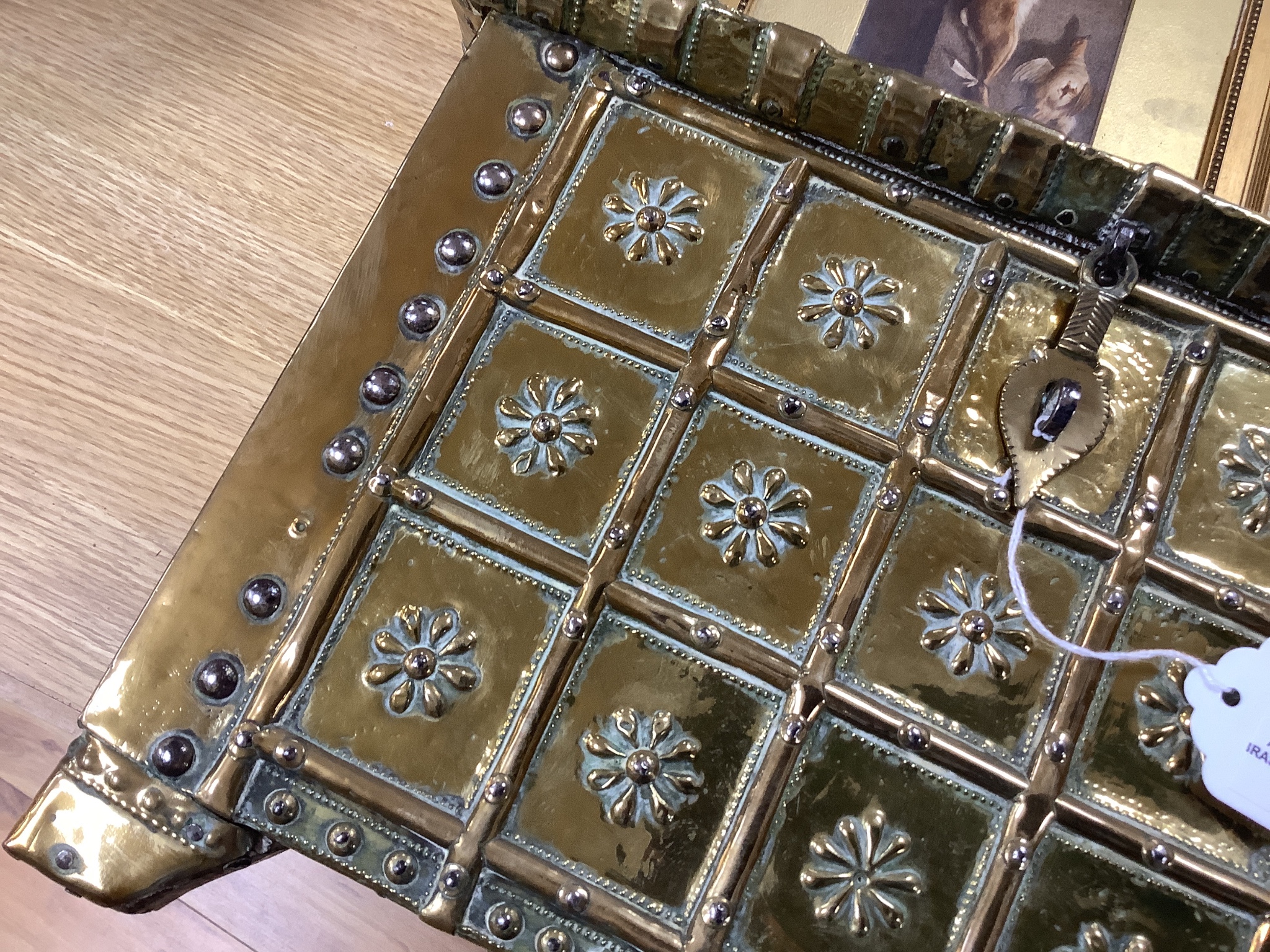 An 18th century brass bound chest, 36cm wide, 25.5cm high